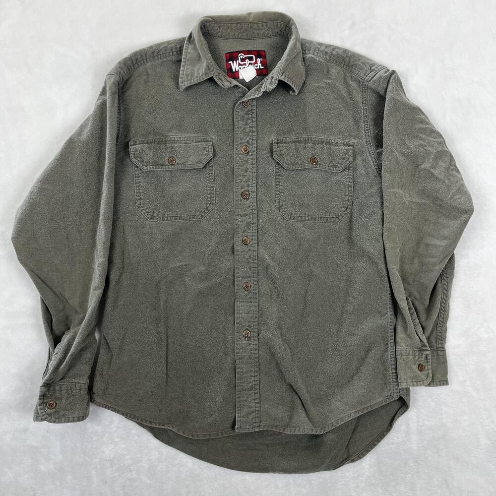 Woolrich Shirt Mens Medium Green Solid Twill Long Sleeve Button Front Casual
